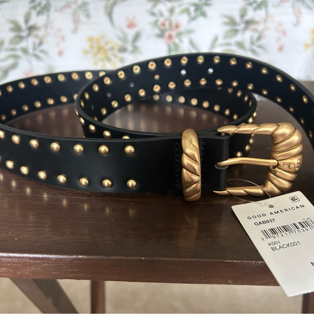 Good American  New Black Studded Leather Belt with Gold Buckle medium/ large